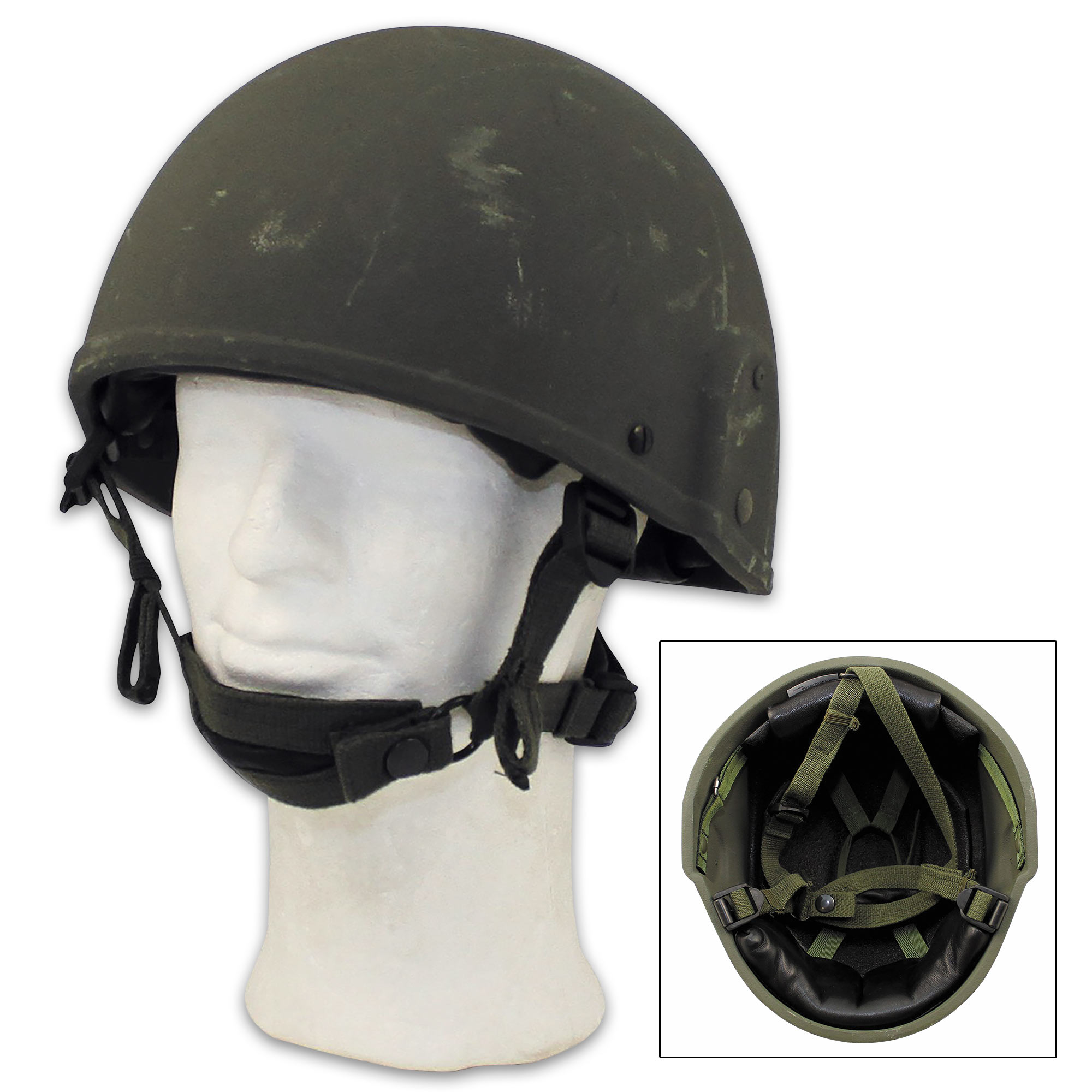 British Military GS MK6 OD Helmet - Military Surplus, Used Condition,  Ballistic Nylon Construction, Adjustable Chin Strap